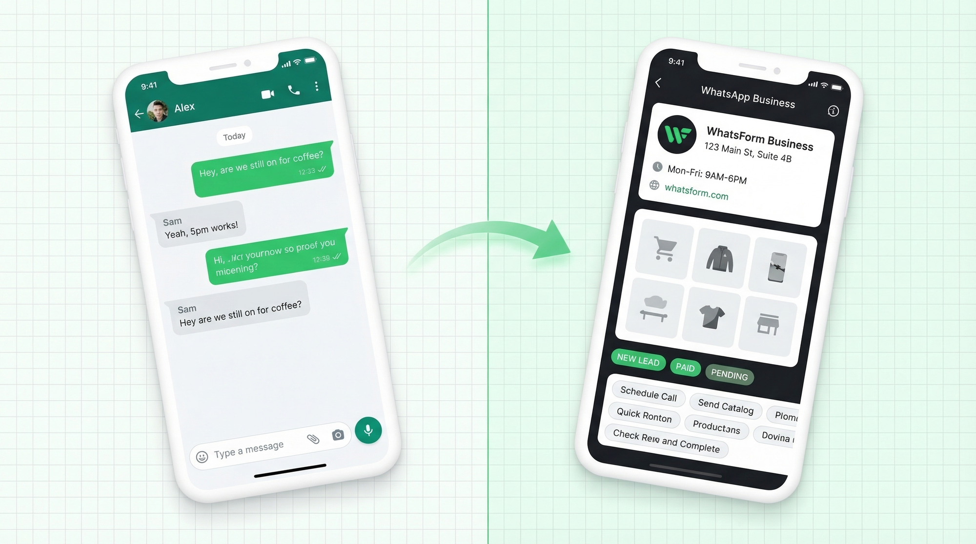 WhatsApp vs WhatsApp Business comparison showing personal and business features side by side