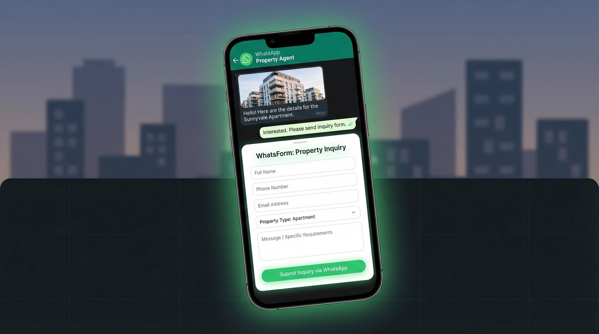 WhatsApp property inquiry on mobile phone