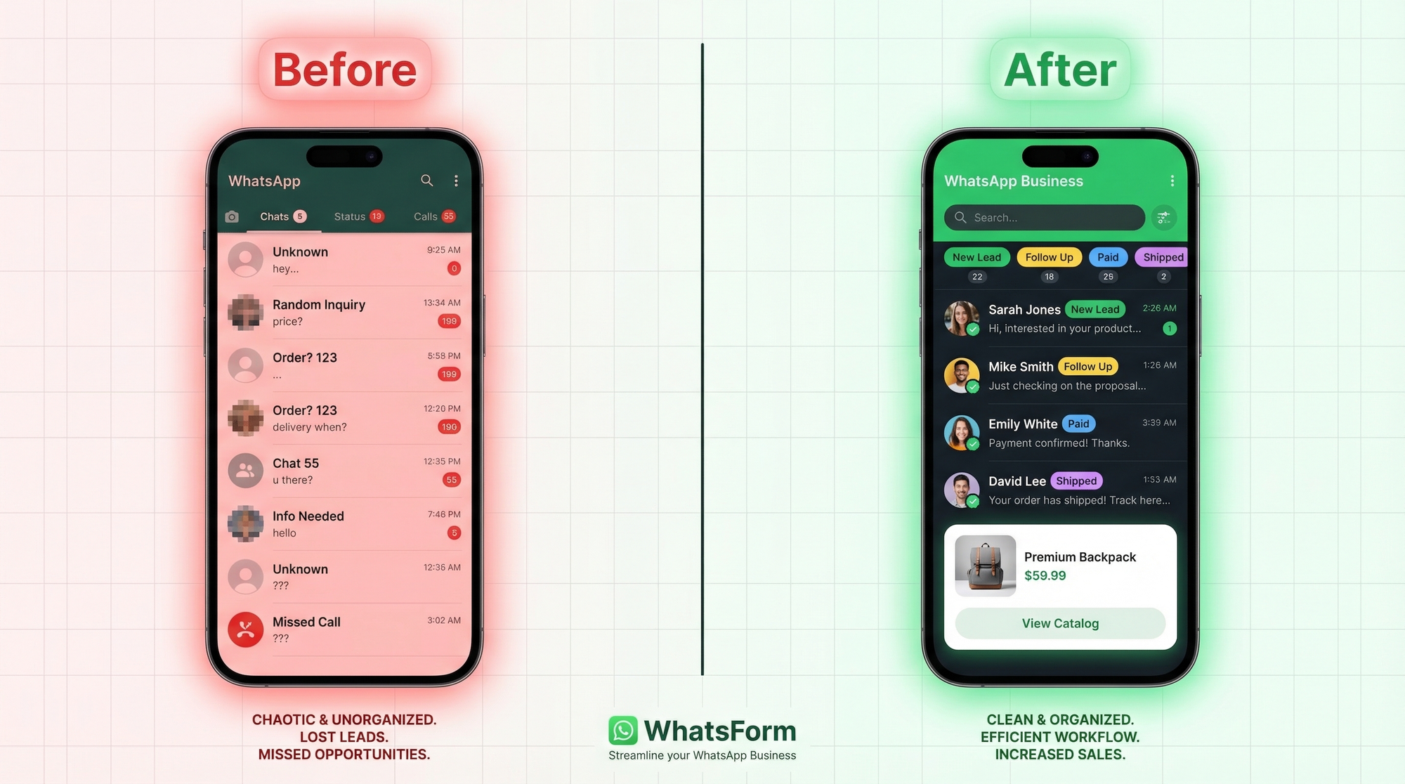 Before and after: unorganized vs organized WhatsApp Business chats with labels and catalog