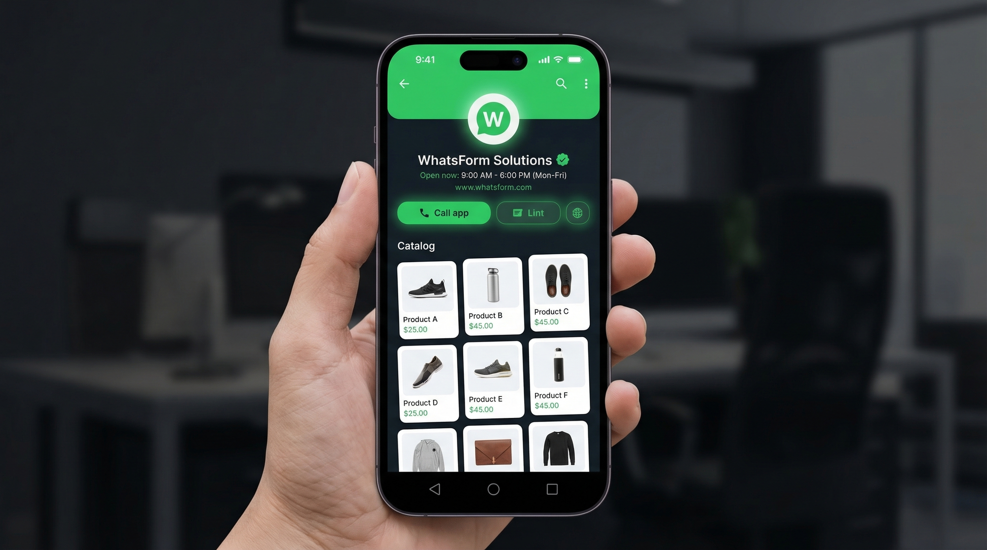 Completed WhatsApp Business profile with catalog grid visible