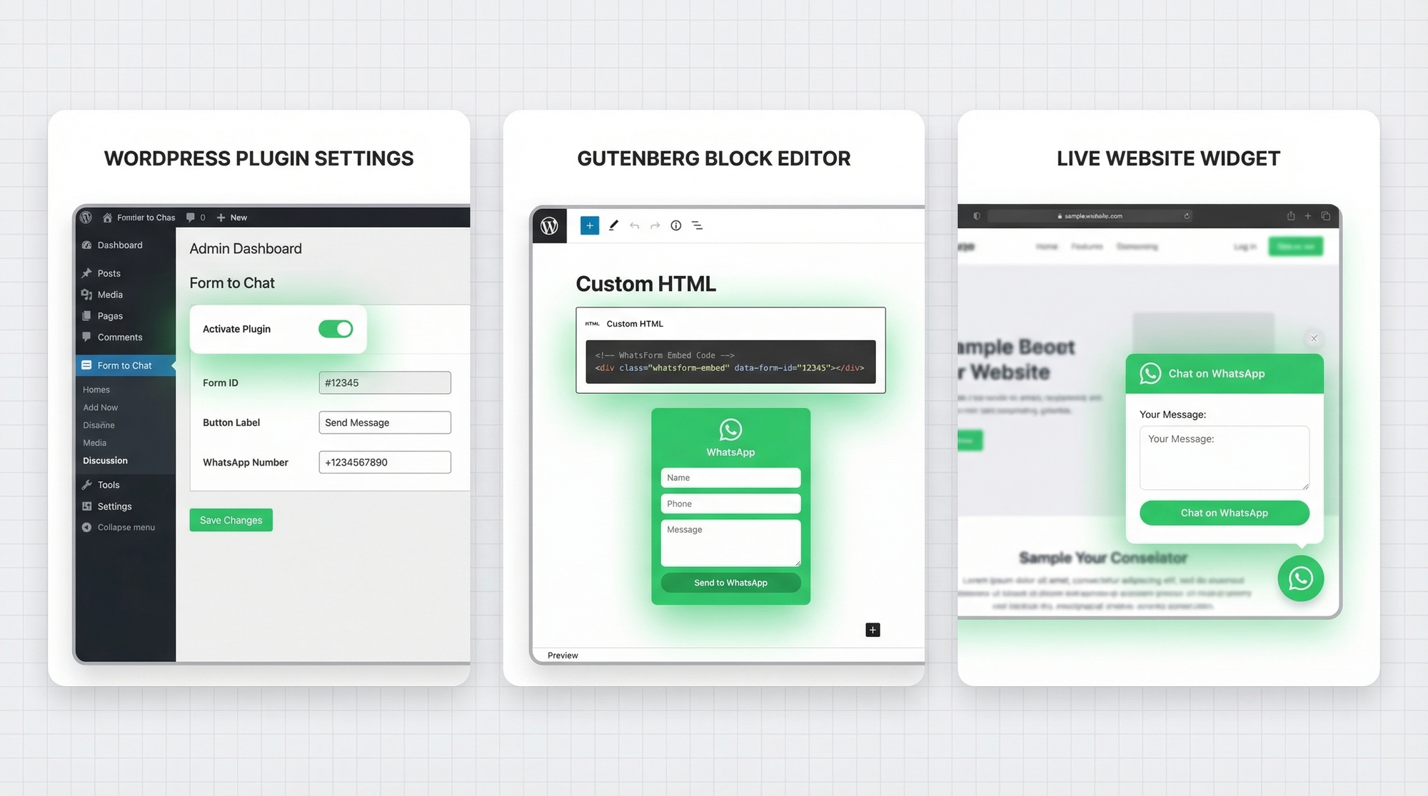 Three methods to add a WhatsApp form to WordPress: plugin admin panel, Gutenberg HTML embed, and floating widget