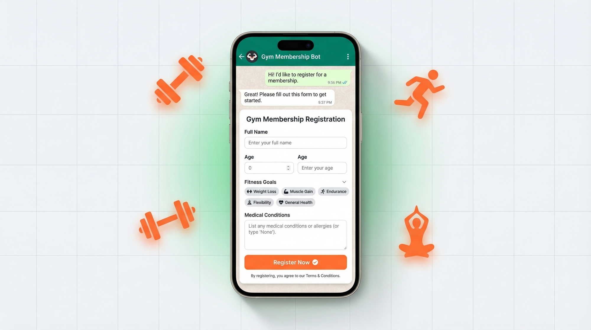 WhatsApp gym membership form with fitness icons