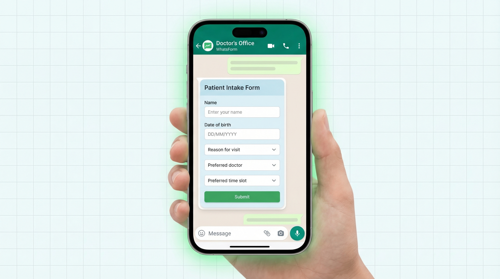 Patient intake form on WhatsApp showing fields for name, date of birth, reason for visit, preferred doctor, and preferred time slot