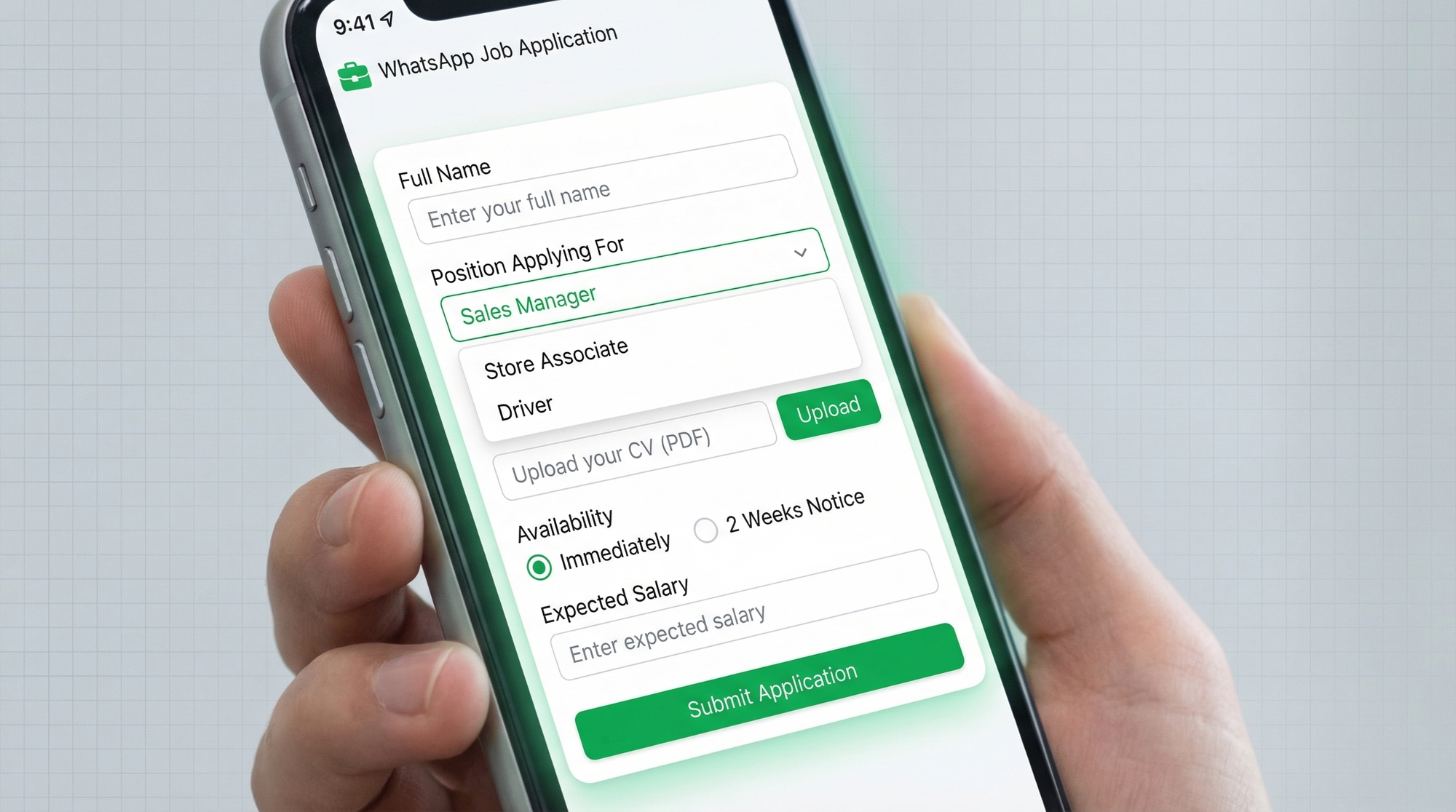 WhatsApp job application form with resume upload field and position dropdown