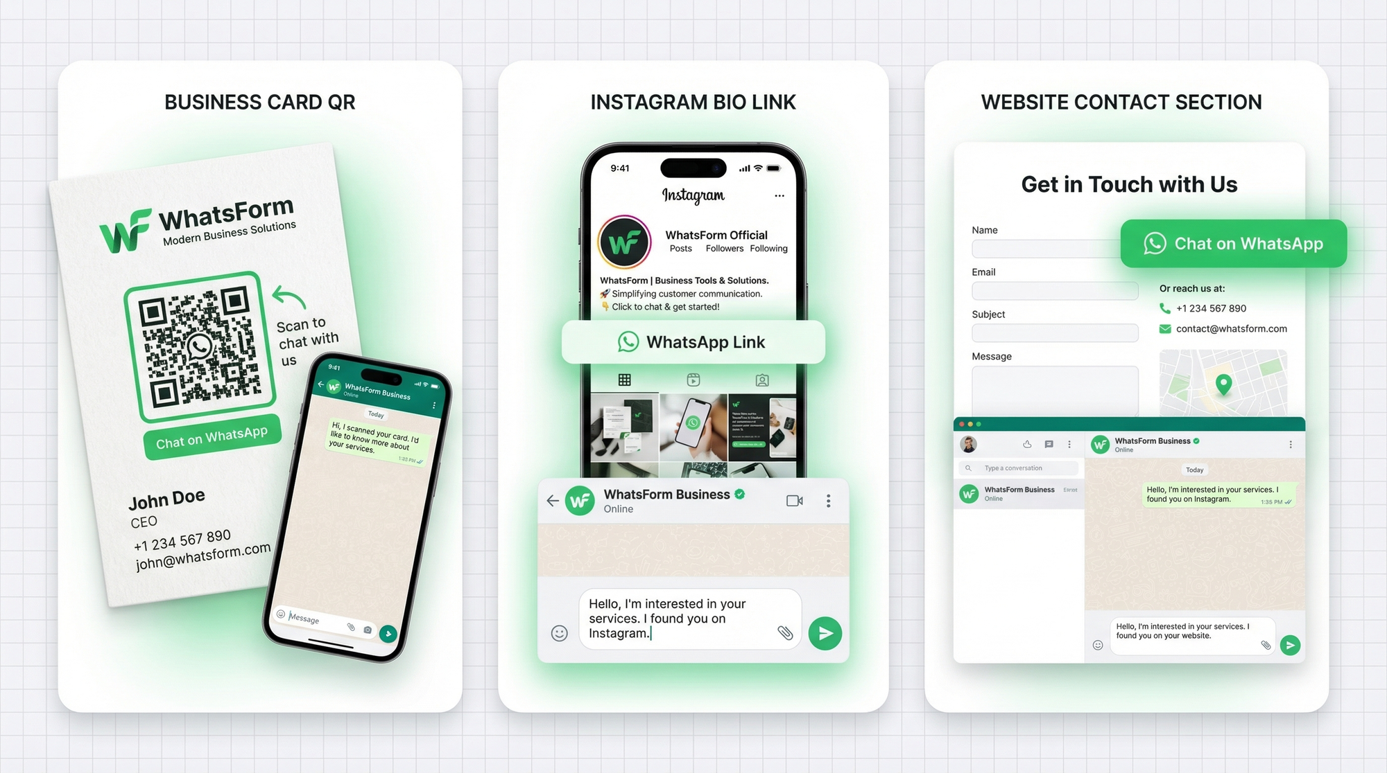 WhatsApp link use cases: business card QR code, Instagram bio link, website chat button