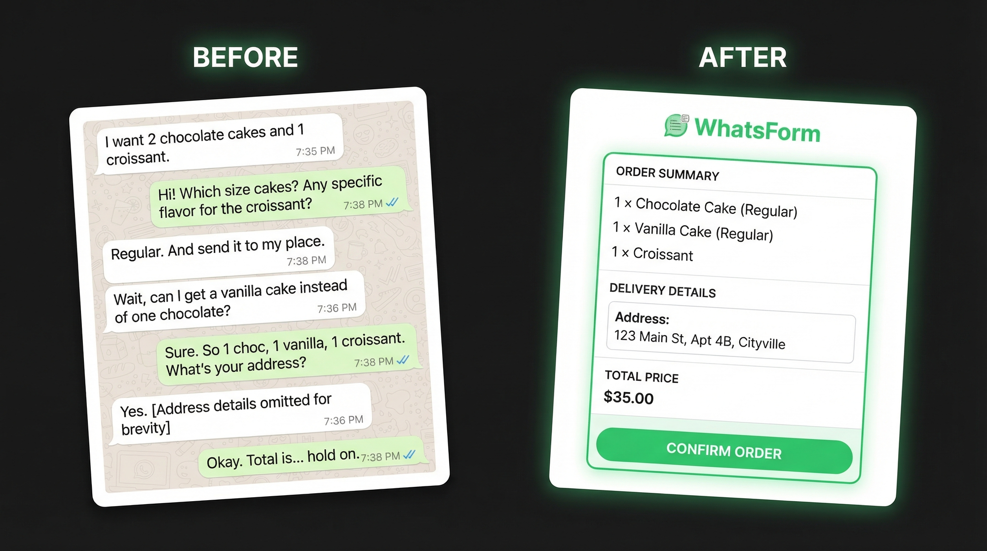 Before and after: messy WhatsApp text order versus structured WhatsForm order response