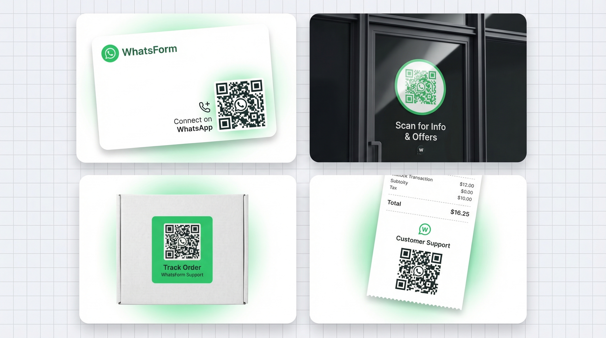 WhatsApp QR codes shown on business card, storefront window, product packaging and receipt