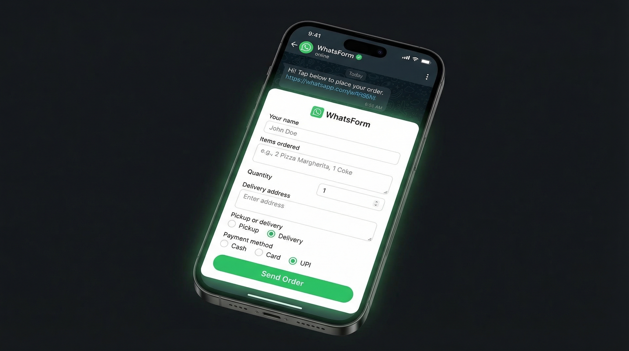WhatsApp order form for restaurants showing fields for items, quantity, delivery address and payment method