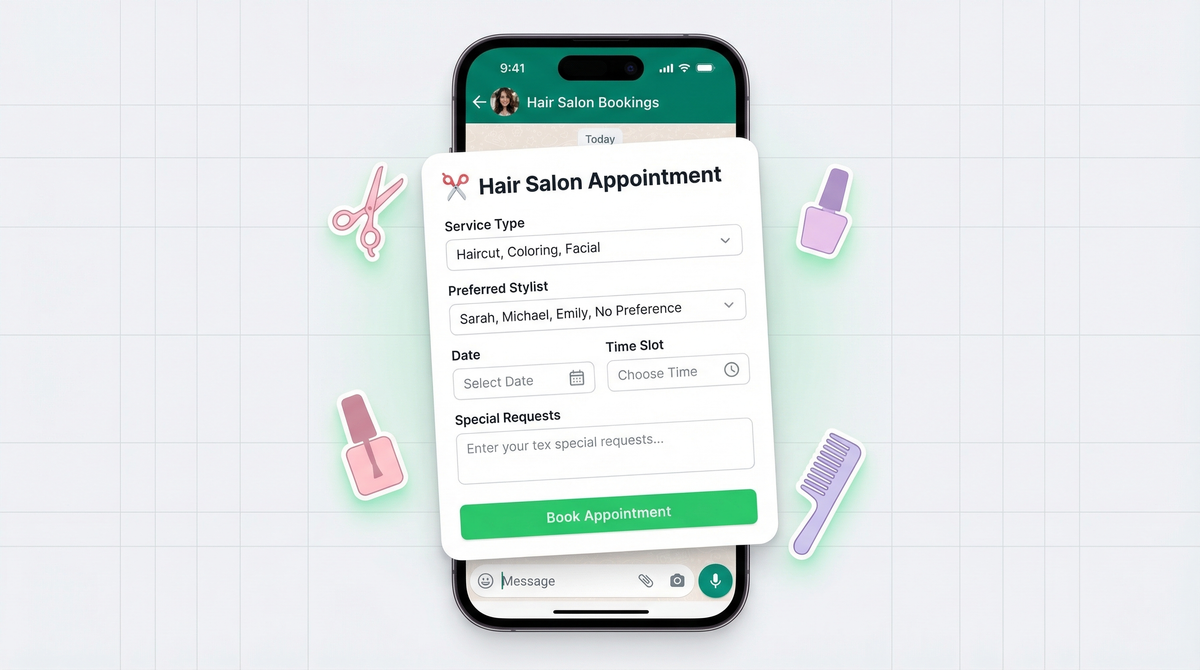 Phone showing salon appointment booking form on WhatsApp with beauty icons