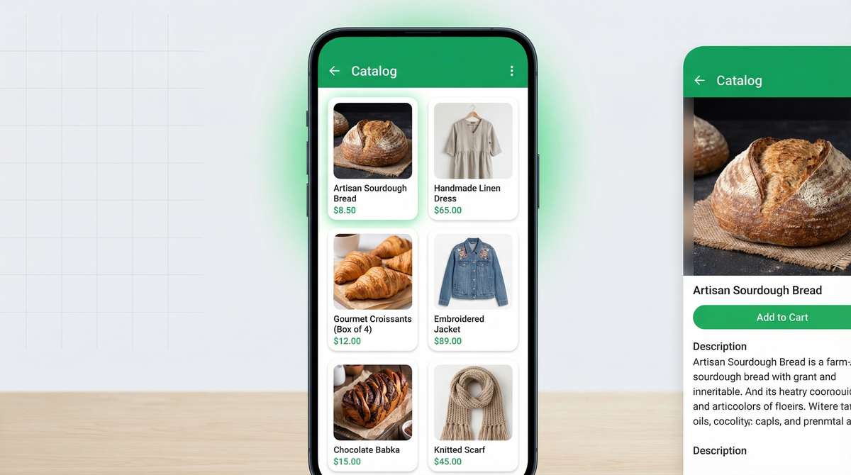 Phone screen showing WhatsApp Business catalog grid with product images