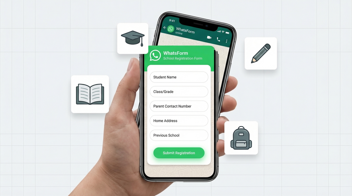 WhatsApp school registration form on a phone with education icons