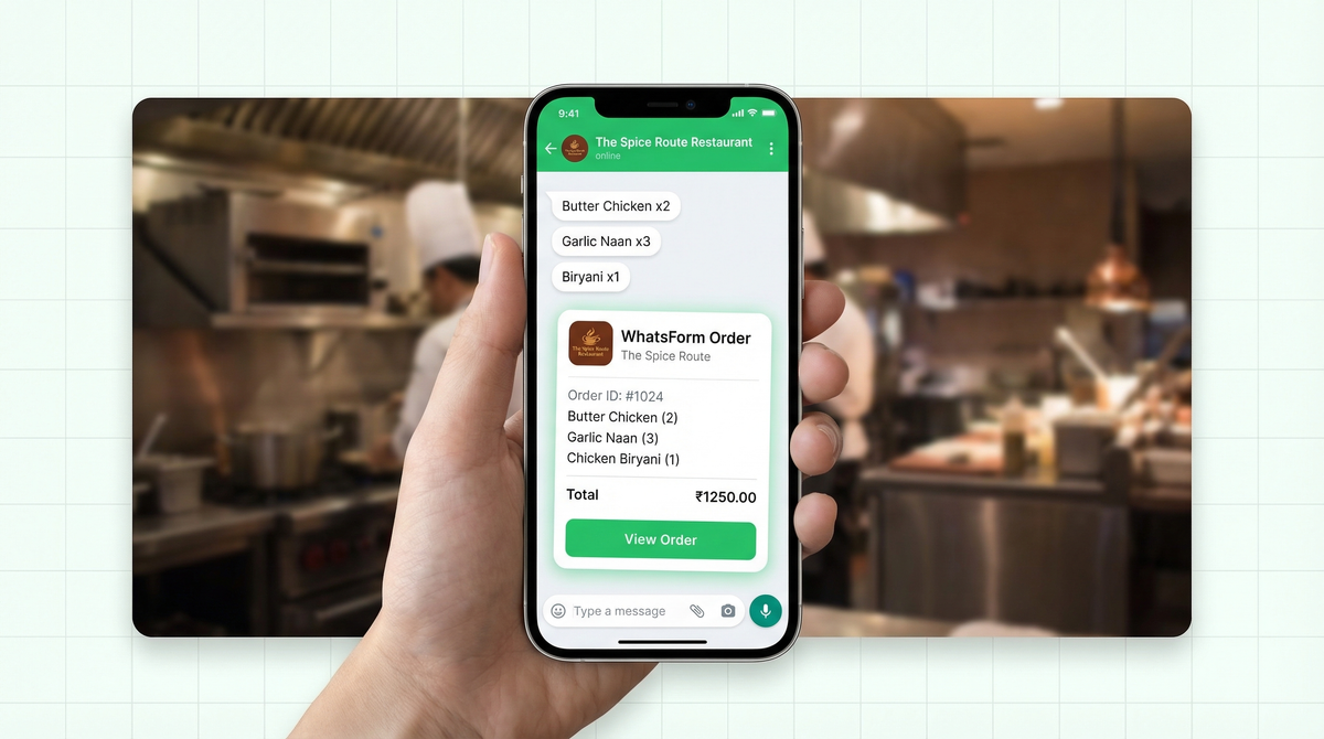 Phone showing WhatsApp restaurant order form with food items