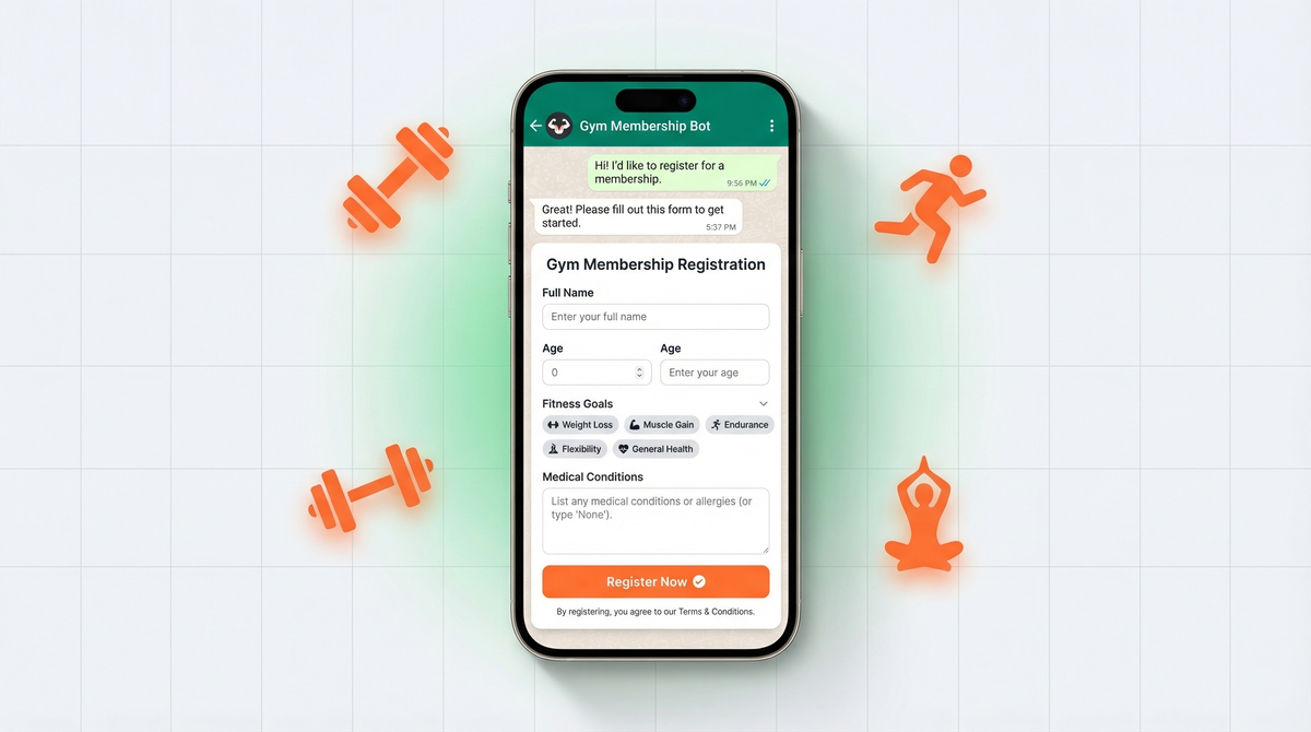 WhatsApp gym membership form with fitness icons