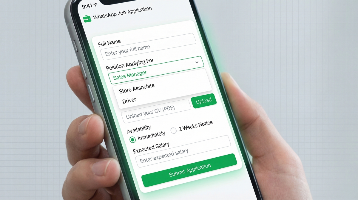 WhatsApp job application form with resume upload field, position dropdown, and green submit button