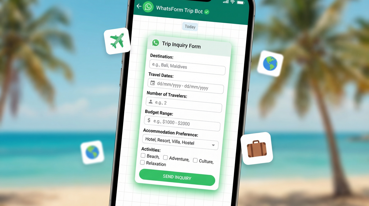 WhatsApp trip inquiry form on phone with travel icons and tropical colors