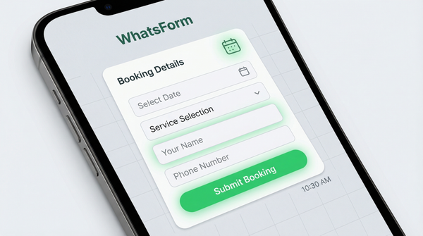 WhatsApp booking form with date picker, service selection, and green submit button