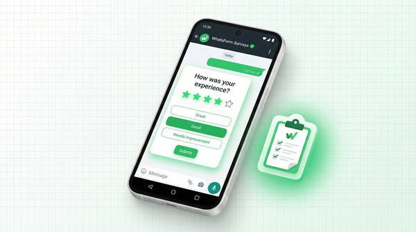 WhatsApp customer survey interface with rating stars and multiple choice options