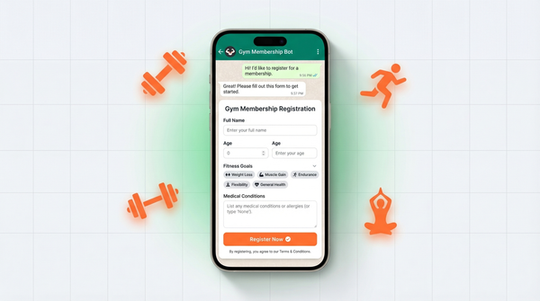 WhatsApp gym membership form with fitness icons